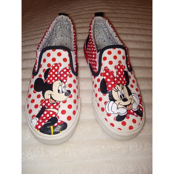 Disney Minnie Mouse Slip On Canvas Shoes Girls Size 3 Red White Black Polkadot - Picture 1 of 7